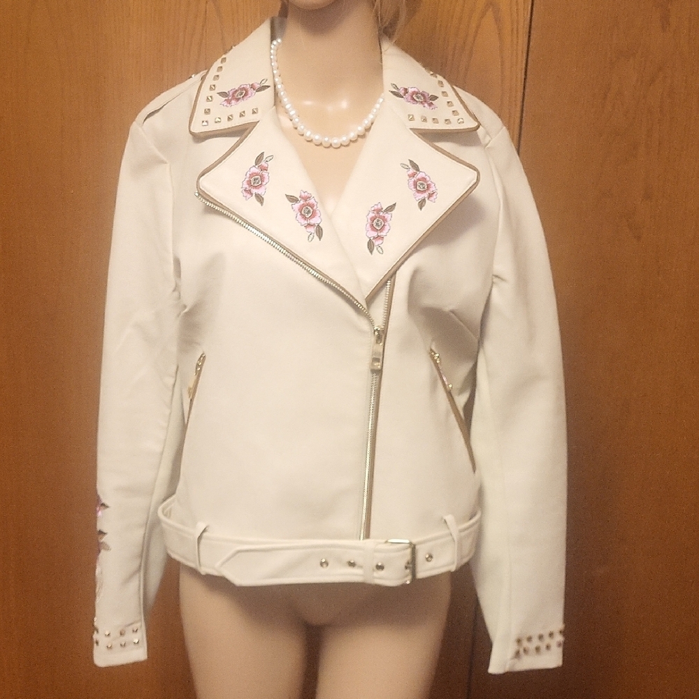 Desigual White Leather Jacket with Floral Embroidery